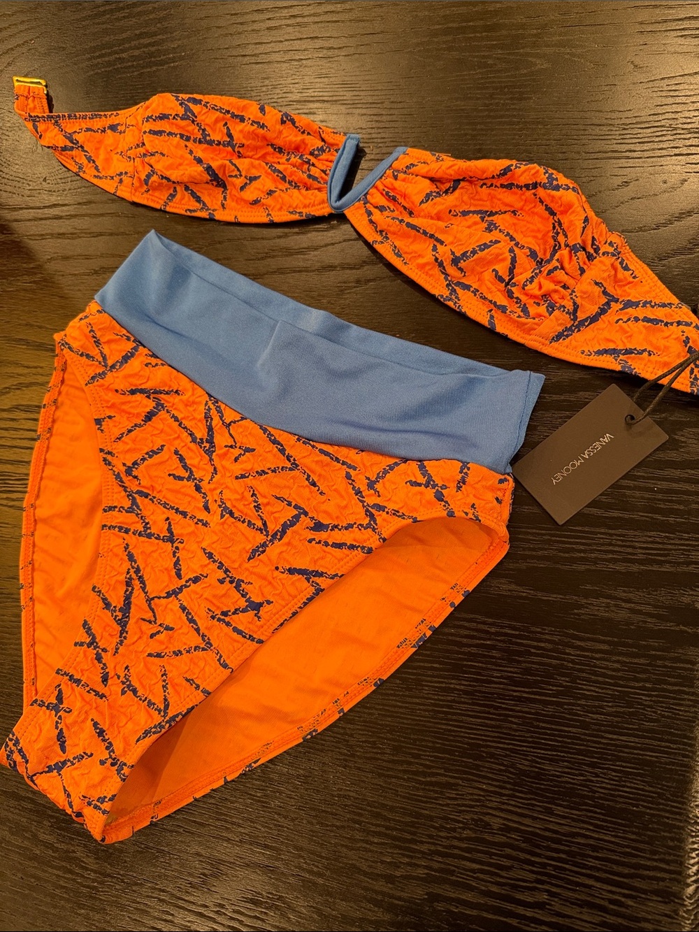 Vanessa Mooney Orange Print Bandeau Bikini with Blue Band